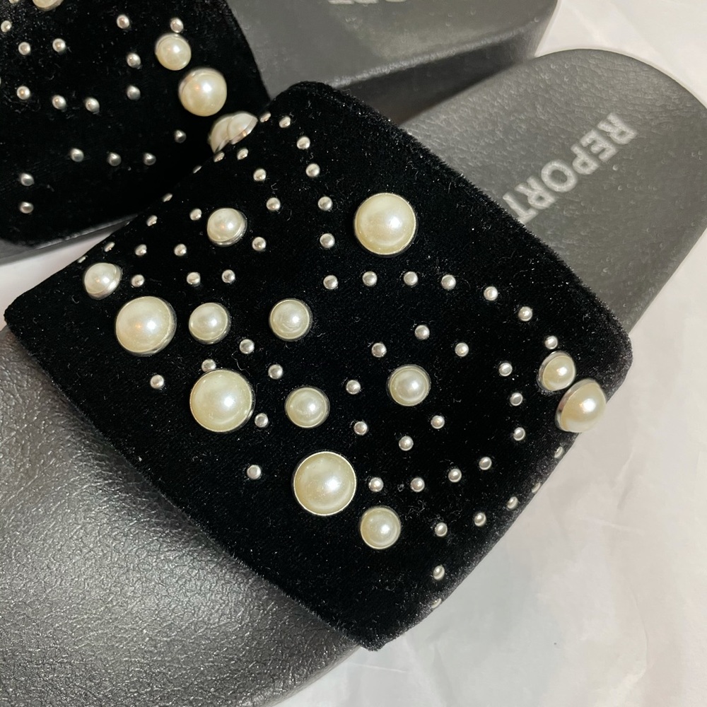 NWT Report Black Velvet and Pearl Slides